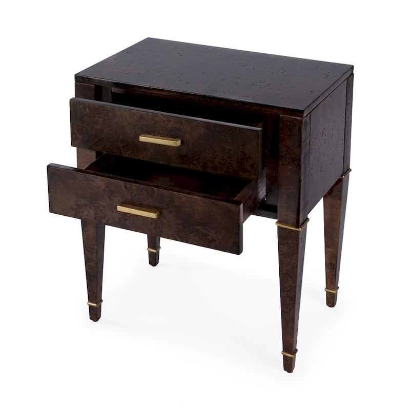 Table d'appoint en loupe de bois à tiroirs doubles