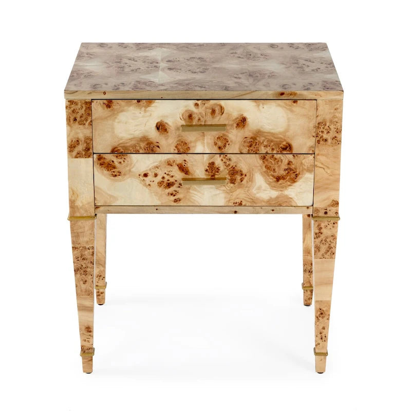 Table d'appoint en loupe de bois à tiroirs doubles