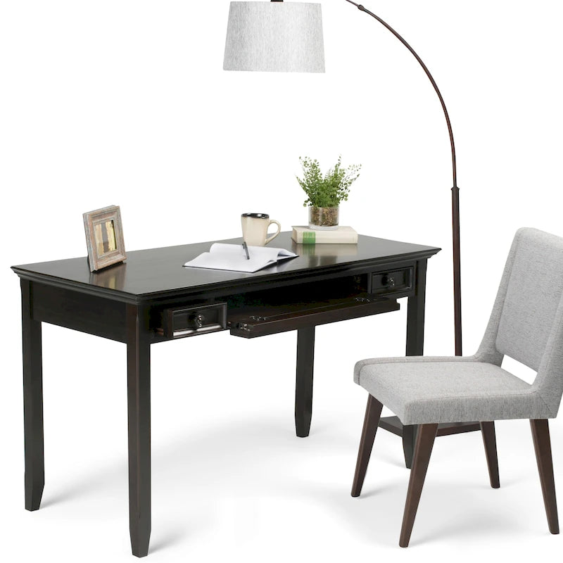 Bureau d'écriture et d'ordinateur en bois massif de 137 cm, tablette coulissante pour clavier, 2 tiroirs, style de transition