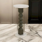 Drink Side Table, 11 Inch Round Marble, Spindle Pedestal Base, White, Gray