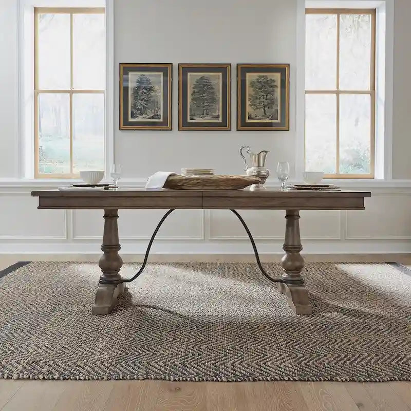 Table de salle à manger à tréteaux de ferme 42"x102", rallonge amovible 24", peuplier et chêne blanc, taupe poudré