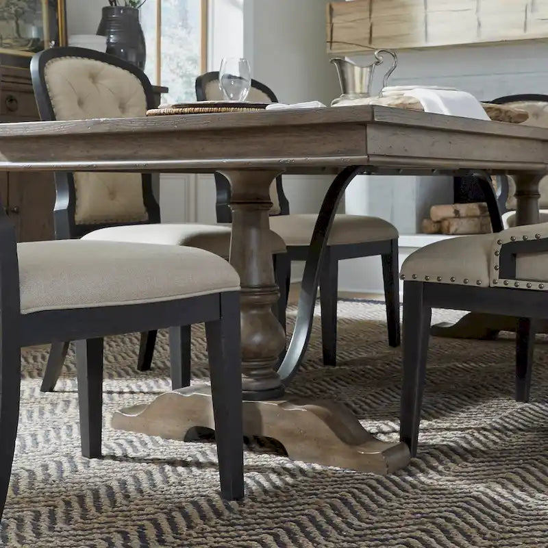 Table de salle à manger à tréteaux de ferme 42"x102", rallonge amovible 24", peuplier et chêne blanc, taupe poudré