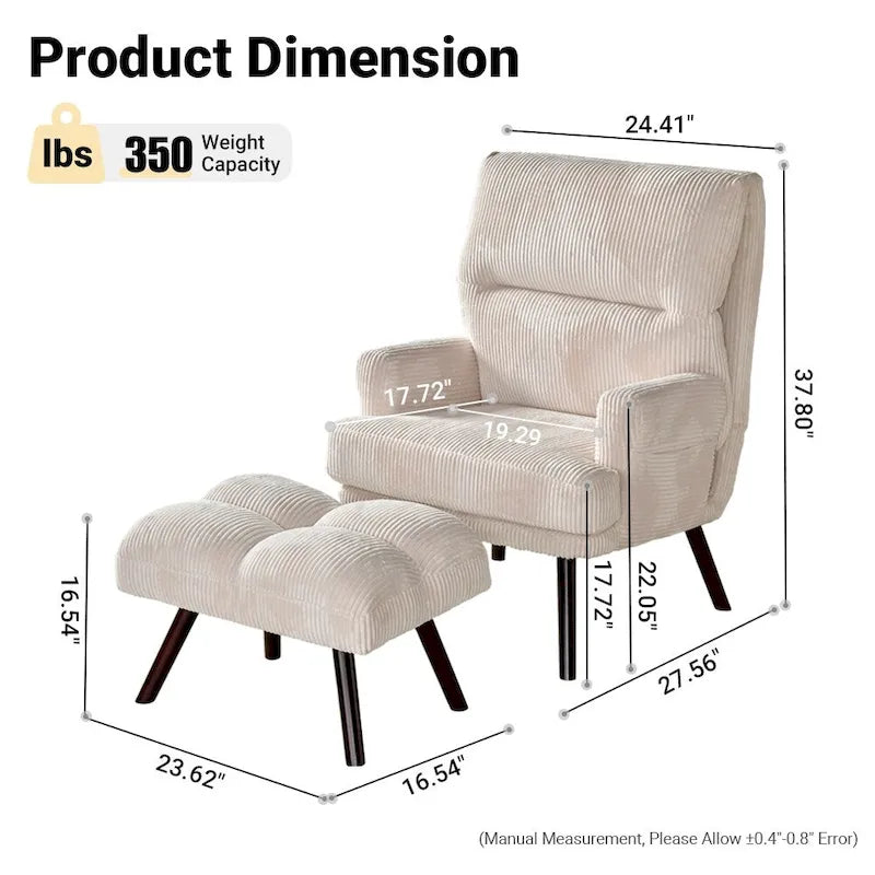 Fauteuil inclinable réglable avec ottoman, mousse haute densité 6 positions, fauteuil d'appoint en velours capitonné